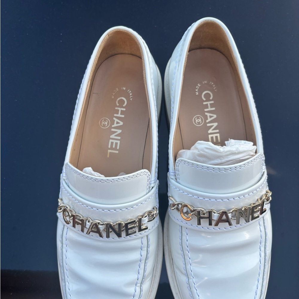 Chanel White Loafers with Gold Logo - Picture 3 of 5